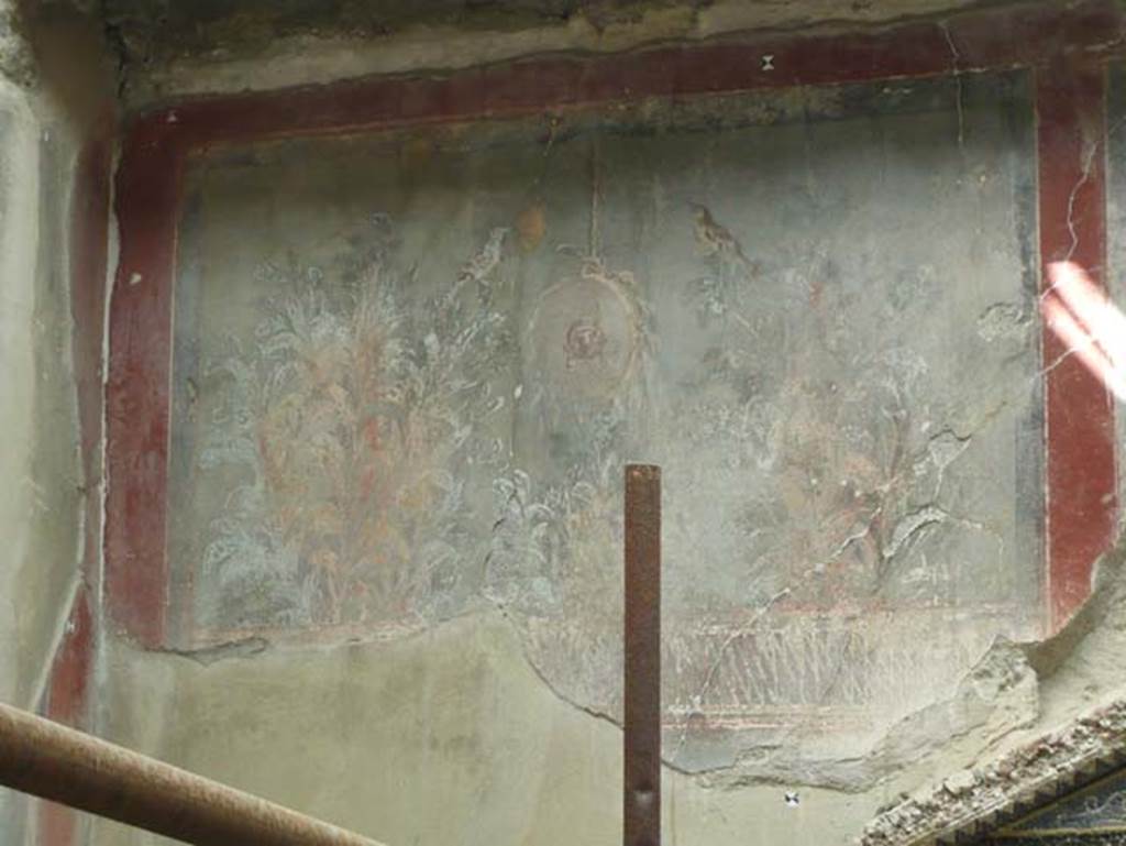 III.3 Herculaneum. August 2013. Remains of garden painting at east end of south wall above nymphaeum. Photo courtesy of Buzz Ferebee.